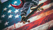 A person skillfully rides a skateboard in front of a vibrant American flag, showcasing athleticism and patriotism. The concept of sports development among youth, skateboarding school.