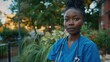Radiating confidence, a young female healthcare worker wears blue scrubs and a stethoscope around her neck.