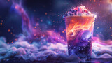 Surrealistic digital painting of milk tea merging into a galaxy stars forming the boba pearls in a universe where beverages connect worlds