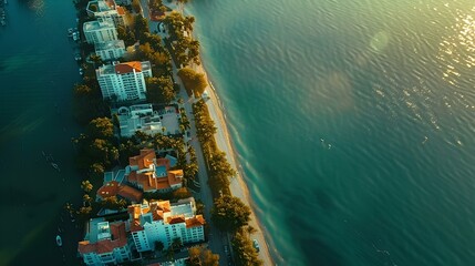 Wall Mural - Aerial view of coastal cityscape at sunset, warm light bathing skyscrapers and waterfront. urban photography. AI