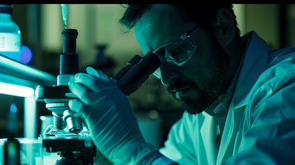 Aufkleber - Dedicated scientist using microscope in a lab at night. research, discovery, and analysis depicted. professional and focused. science in action. AI