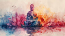 Watercolor Illustration Of Buddha And Lotus, Vesak Day