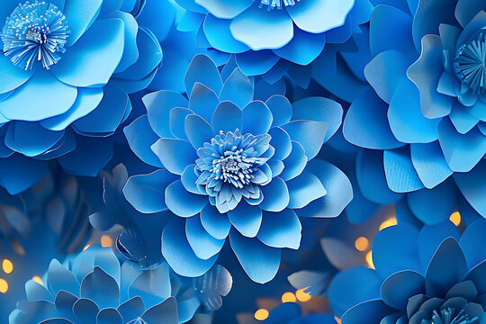 Background of blue paper flowers with empty space for text or greeting card design. Postcard for International Women's Day and Mother's Day.