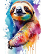 Watercolor illustration of a cute sloth on a watercolor background