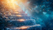Close-up of a sacred stairway to heaven, glowing with divine light, a path of spiritual ascent and purity.