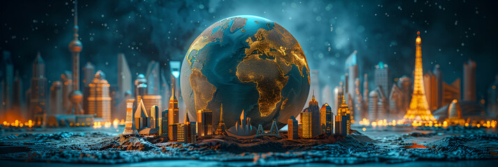 An inspiring concept image showcasing a globe  Cyberpunk future world,  globe on river and growing smart city and buildings in the background   