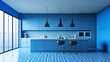An ultramodern kitchen in vibrant light blue hues, adorned with striking geometric patterns on its polished floor and centered around a stylish island