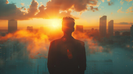 Poster - business man looking at the sun on city in the sky, immersive environments, light blue, blurred