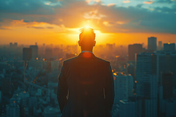 Poster - business man looking at the sun on city in the sky, immersive environments, light blue, blurred