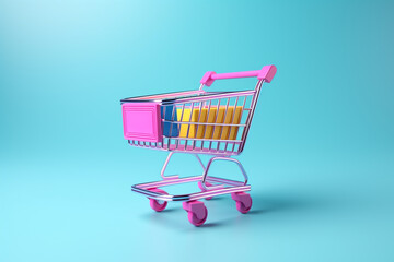 Wall Mural - 3D Shopping cart in soft blue background. Online stores concept. Generative AI. 