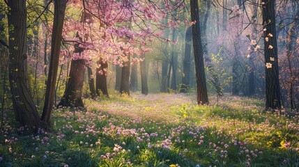 Wall Mural - A forest filled with lots of pink flowers