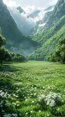 Wall Mural - A field of grass and flowers with mountains in the background