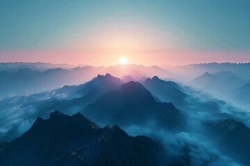Wall Mural - Misty mountain sunrise with soft light over layered peaks, serene nature background.