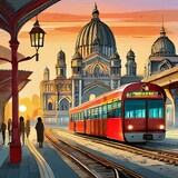 Fototapeta Londyn - Illustration of Mumbai trainstation during sunset with a red train
