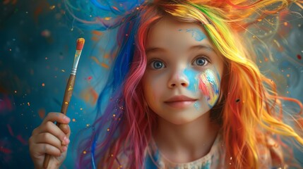 Poster - A little girl with colorful hair holding a paintbrush