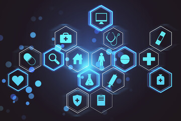 Poster - Creative glowing blue medical interface hologram on dark background. Digital healthcare, future and research concept. 3D Rendering.