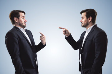 Aufkleber - Abstract image of boss hand pointing at man on light gray background. Bad job decision and mistake concept.