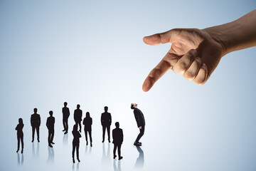 Aufkleber - Hand pointing at crowd of businessmen on light wallpaper. Worker management concept.