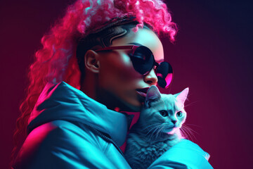 Wall Mural - Fashionable Female Portrait: A Stylish Young Lady with Attractive Beauty, Trendy Hair, and Cute Glasses Posing with a Glamorous White Cat on a Blue Background