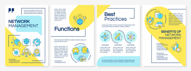Network infrastructure management blue and yellow brochure template. Leaflet design with linear icons. Editable 4 vector layouts for presentation, annual reports. Questrial-Regular, Lato fonts used
