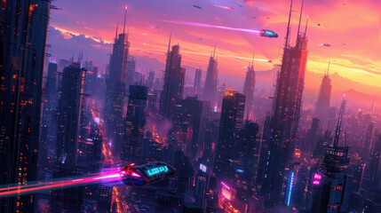 Wall Mural - Futuristic cityscape with flying cars during sunset. Science fiction urban scene.