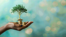 Human Hand Holding A Small Tree That Has Grown On Top Of A Stack Of Golden Coins