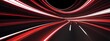 Wide angle panoramic view of a red speed of light curved motion path concept rays on plain black background from Generative AI