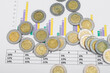Polskie monety 5 pln leżą rozrzucone na wykresach i danych finansowych