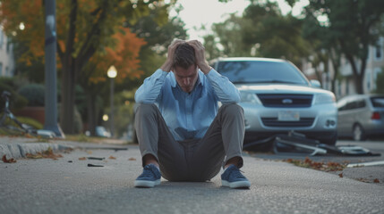 distressed man sitting on the road with his hands on his head in front of a crashed car, suggesting he has just experienced a vehicle accident.