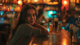 Fototapeta Londyn - A pretty young woman posing at a bar