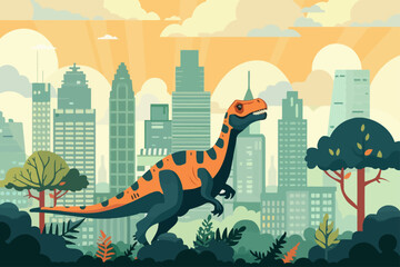 Wall Mural - Dinosaur in Town Flat Design Illustration