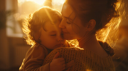 Sticker - A beautiful mother hugging her daughter in nature.