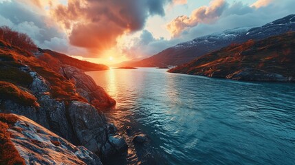 Wall Mural - Generative AI Dramatic fjord vistas, drone's altitude, sun setting, serene coastal beauty, high-definition sunset tableau in Norwegian fjords