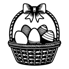 Wall Mural - One continuous hand drawing black line basket easter eggs doodle decorated with Many different design for easter egg outline style vector