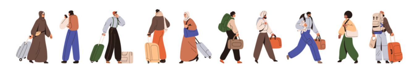 Wall Mural - People travel with bags, baggage set. Passengers, tourists walking, carrying backpacks, luggage. Travelers, refugees wandering with suitcases. Flat vector illustrations isolated on white background