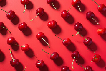 Poster - a group of cherries on a red surface