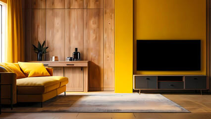 Wall Mural - Modern living room with TV on yellow wall and wooden plate over cabinet