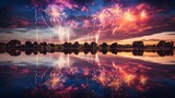 Fototapeta Do pokoju - Generative AI Fireworks reflected on the surface of a calm lake, creating a stunning mirrored effect