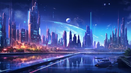 Aufkleber - Generative AI Futuristic cities with neon-lit streets. aquarelle