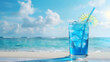 Blue Hawaii tropical cocktail drink with a beach and sea background.