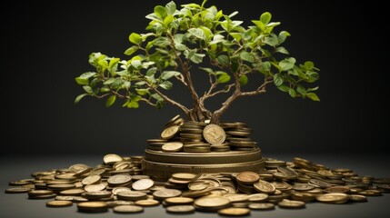 Aufkleber - Generative AI Hyper-realistic scene presenting a tree on a white background symbolizing the potency of capital growth positioned next to a coin. Lifelike and detailed representation illustrating the i