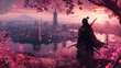 Samurai warrior standing in ancient Japan cherry blossoms with modern city skyline in the distance