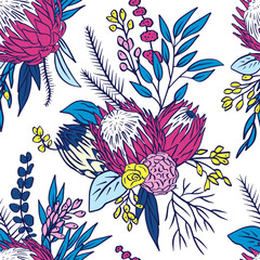 Poster - Seamless pattern with protea flowers on white background. Tropical floral wallpaper.