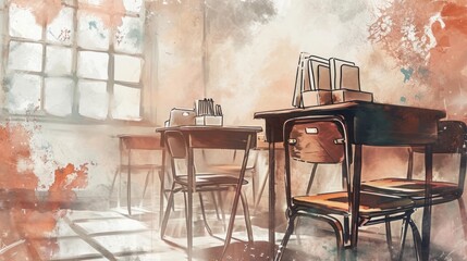 Poster - Generative AI Miniature classroom scene, loose linework desks and chairs, detailed stationery, white and bronze colors with feminine sticker art elements, atmospheric watercolor background