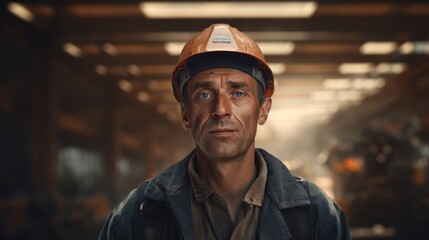 Poster - Generative AI Portrait of a builder with a shovel, ready for groundwork, construction materials and tools in the background