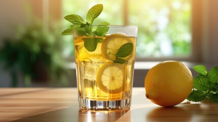 Juice or lemonade in a glass, jug of lemon and lime slices. A refreshing refreshing drink. A healthy organic drink. Proper nutrition and diet.