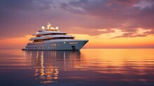 Realistic Photo Of A High-end Yacht Anchored At Dusk, Affluent Vacationers Savoring The Sunset, Lavish Amenities On Board, Serene And Upscale Atmosphere Generative AI