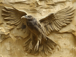 Morrigans crow in sand art a dynamic sculpture capturing the essence of the shape shifting goddess of war with her crow form depicted in mid flight symbolizing prophecy and fate