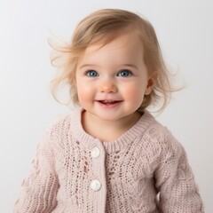 Poster - Stock image of a baby girl in a knitted cardigan on a white backdrop Generative AI
