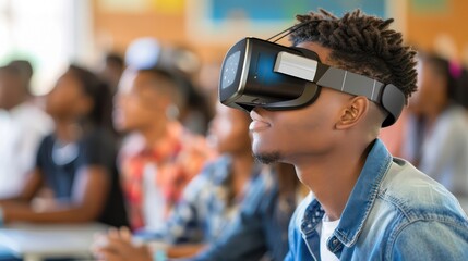 College students in class are wearing virtual reality glasses and using VR headsets, illustrating the concept of future technology and virtual reality